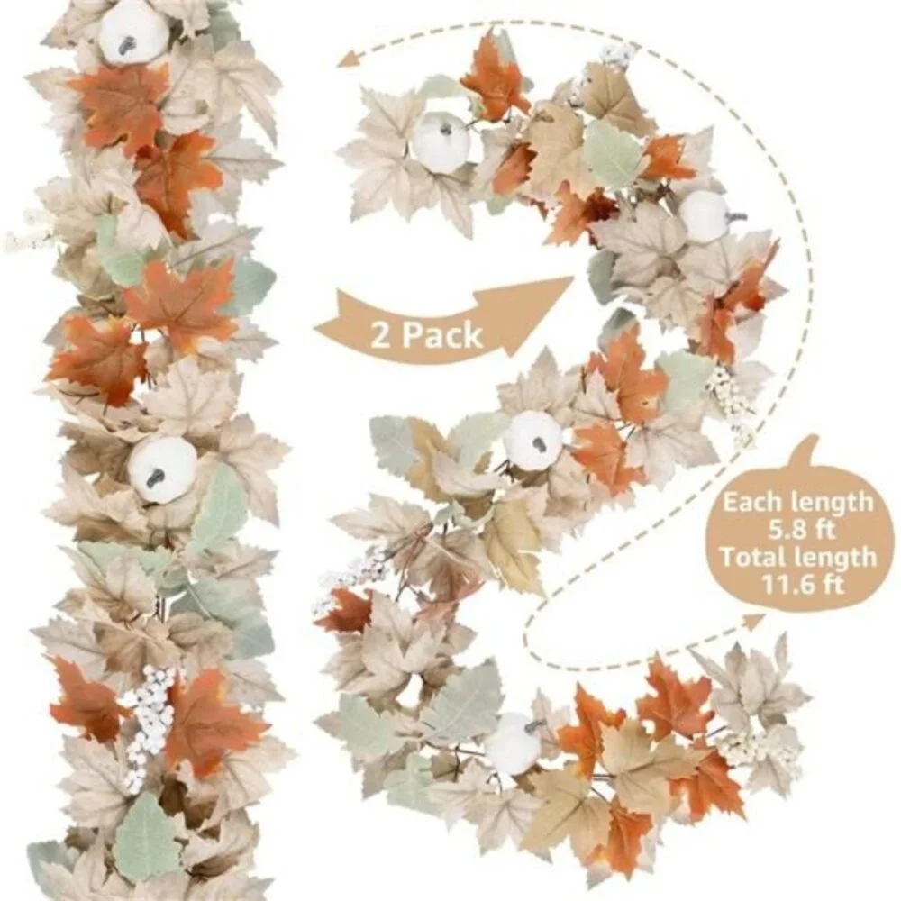Fall Garland for Mantle Fireplace 2 Pack Outdoor Autumn Leaves‎ Decor for Home